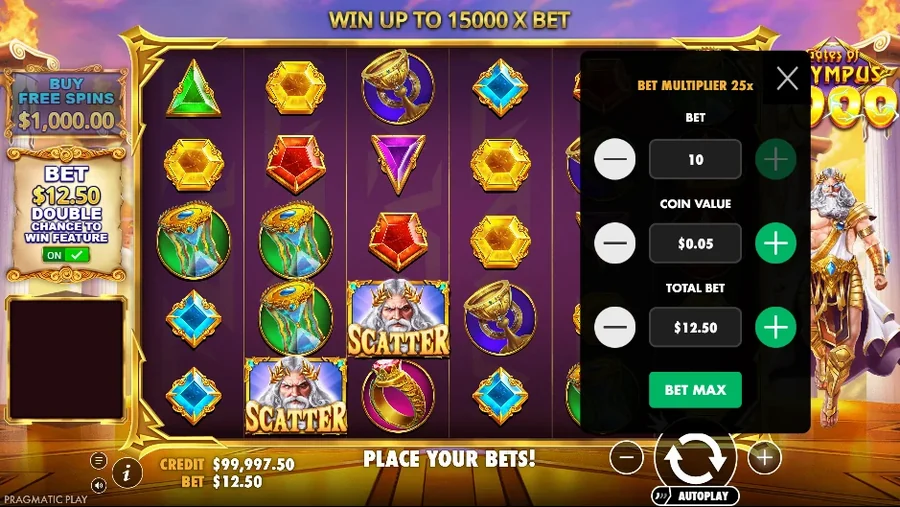Gates of Olympus bonus satın alma paneli: 1.000 birimlik Buy Free Spins tuşu ve açık Ante Bet anahtarı