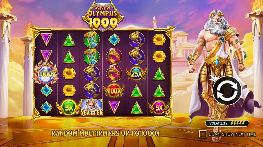 Gates of Olympus reels with x1000, x100, x25 and x5 multiplier orbs landed together