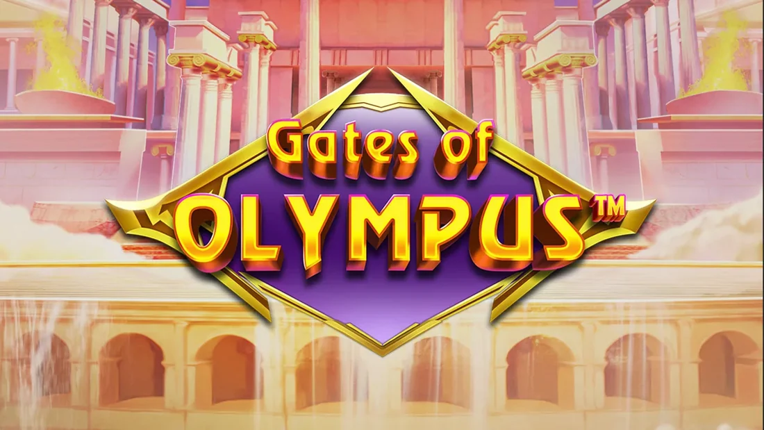Gates of Olympus splash screen with the golden game logo above the columns of Olympus