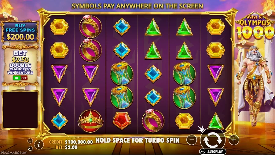 Gates of Olympus 6x5 grid filled with gems, chalice and hourglass symbols